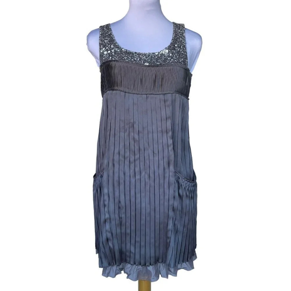 ALICE + OLIVIA Pleated Dress Gray Sequins Shift Sleeveless Pocket Party Size XS